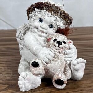 Cherub Angel Figurine Teddy Bear Sitting Resin 1991 Signed Kristmas